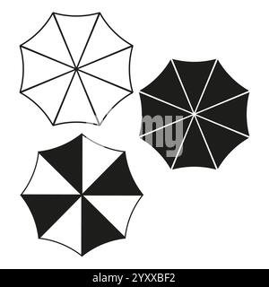 Icone ombrello astratte. Forme in bianco e nero. Design vettoriale degli ombrelli. Motivi geometrici a ombrello. Illustrazione Vettoriale
