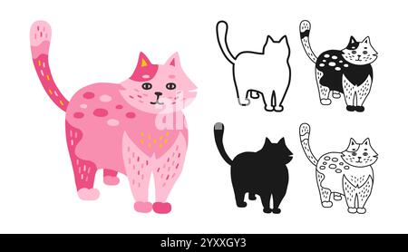 Set cartoni animati simbolo gatto. Icona lineare del gattino fumettistico astratto disegnato a mano. Collezione di bambini con emblema di animali domestici stilizzato. Semplice segnatempo o sagoma simpatico clipart dei gatti. Illustrazione isolata vettoriale Illustrazione Vettoriale