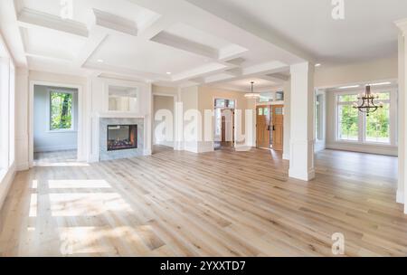 Camera elegante con caminetto su due lati e soffitto a cassettoni e senza mobili Foto Stock