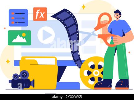 Illustrazione vettoriale di un programma Editor video con software di editing video per la creazione di filmati animati o clip in uno sfondo in stile piatto Illustrazione Vettoriale