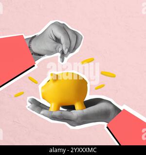 Collage creativo di mani che interagiscono con un salvadanaio giallo per risparmiare Foto Stock