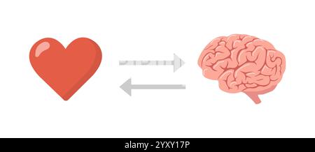 Equilibrio tra cuore e cervello. Concetto di intelligenza emotiva. Scegliere tra sentimenti e mente. Illustrazione vettoriale in stile cartone animato piatto Illustrazione Vettoriale