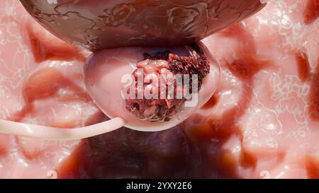 Stadi del cancro alla prostata. cellule ancerose, tumore maligno comprime l'uretra. Disturbo patologico, sistema riproduttivo genitale, canale alfa, bladd Foto Stock
