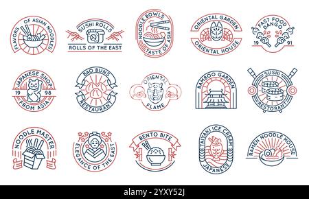 Set di 15 icone con logo cibo asiatico Illustrazione Vettoriale
