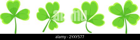 Lucky Four, tre trifoglio, icona a foglia di roccia a forma piatta, set di illustrazioni vettoriali. Illustrazione Vettoriale