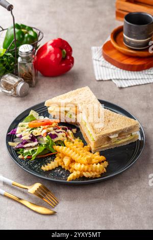 Sandwich di tonno con patatine fritte e insalata. Foto Stock