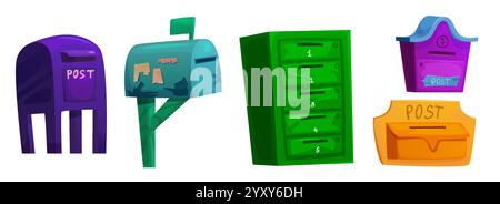 Cassette postali vintage isolate su sfondo bianco. Illustrazione di cartoni animati vettoriali di cassette postali a colori per posta, servizio postale, contenitori per la consegna di messaggi o pacchi, numeri di indirizzo di casa sulle celle Illustrazione Vettoriale