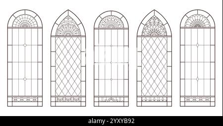 Pagina colorante per adulti con finestre della chiesa. Archi cattolici cristiani. Illustrazione Vettoriale