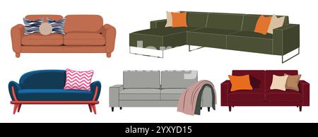 Set di divani moderni di diversi tipi e colori. Illustrazione Vettoriale