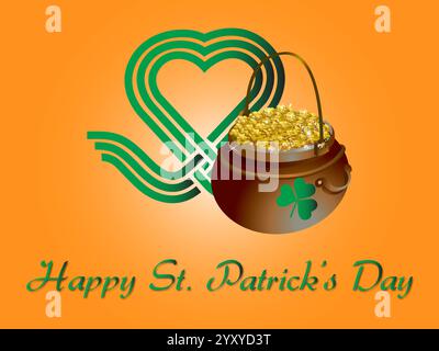 Pentola color oro con una roccia verde. La pentola è su sfondo rosso. Lo sfondo è arancione. Shamrock Saint Patrick Day Rainbow St Paddy Lu Illustrazione Vettoriale