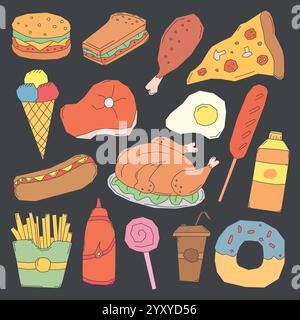 icone del fast food. informazioni generali sui fast food Illustrazione Vettoriale