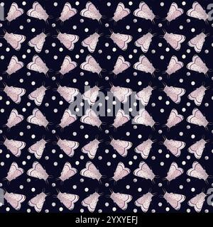 Farfalle rosa e perle acquerello motivo senza cuciture su sfondo scuro. Illustrazione dipinta a mano, perfetta per avvolgere carta, sciarpe e sacchetti cosmetici Foto Stock