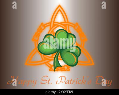 Green shamrock è su sfondo dorato con le parole Happy St. Patrick Day. La shamrock è circondata da un cerchio e da un triangolo. Shamrock Saint Pat Illustrazione Vettoriale