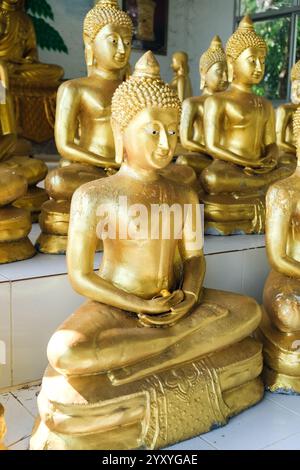 Un tranquillo tempio in Thailandia presenta file di statue dorate di Buddha, che irradiano pace e bellezza spirituale. Foto Stock