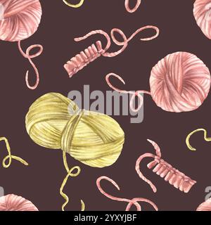 Palla di filato acquerello, filetto di maglia motivo senza cuciture palle rosa, gialle, verdi, elementi a maglia. Illustrazione disegnata a mano per hobby Foto Stock