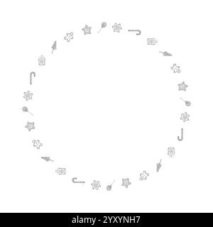 Illustrazione vettoriale di una cornice rotonda festosa composta da elementi dolci tra cui stelle, lecca lecca, uomini di pan di zenzero, canne di caramelle e alberi di Natale Illustrazione Vettoriale