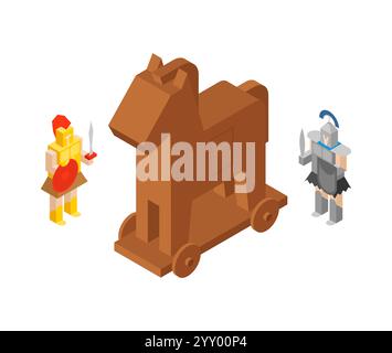 Cavallo di Troia. Guerra di Troia. Guerre dell'antica Grecia. Soldati Troiani e Danaani Illustrazione Vettoriale