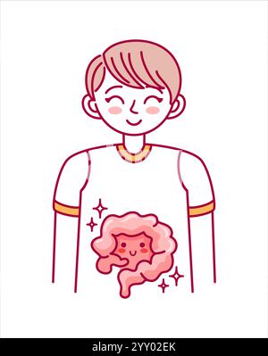 Questa adorabile illustrazione vettoriale in stile kawaii presenta un bambino con intestini sani, che mette in risalto il sistema digestivo in un colorfu giocoso Illustrazione Vettoriale