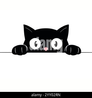 Carino Black Cartoon Cat che sbircia oltre il confine Illustrazione Vettoriale