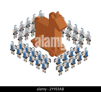 Cavallo di Troia. Guerra di Troia. Guerre dell'antica Grecia. Soldati Troiani e Danaani Illustrazione Vettoriale