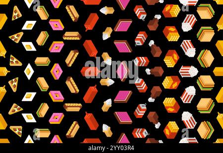 Schema isometrico fast food senza soluzione di continuità. Fetta di pizza e una ciambella. Bibita e hamburger. Patatine fritte e popcorn. Sfondo fast food Illustrazione Vettoriale