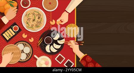 Le persone che festeggiano il Capodanno cinese insieme, stanno mangiando cibo tradizionale, vista dall'alto Illustrazione Vettoriale