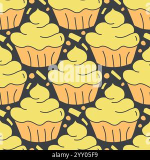 Motivo di torta senza cuciture. Dolci e caramelle di sottofondo. Illustrazione a forma di scarabocchio con caramelle e caramelle Illustrazione Vettoriale