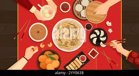 Le persone che festeggiano il Capodanno cinese insieme, stanno mangiando cibo tradizionale, vista dall'alto Illustrazione Vettoriale