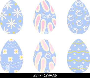 Le uova di Pasqua decoravano diversi motivi disegnati a mano fiori, punti, linee ondulate e scritte 6. Schede illustrative vettoriali isolate, banner, etichette, opuscoli o banner promozionali Web, opuscolo Illustrazione Vettoriale