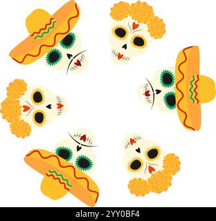 Teschi dipinti in sombrero con baffi e calendula corona circolare incorniciano il giorno dei morti. Illustrazione vettoriale isolata biglietti d'auguri tematici o inviti o volantini promozionali Web, banner Illustrazione Vettoriale