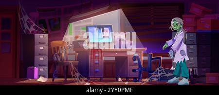 Ufficio investigativo abbandonato con spettrali personaggi zombie che camminano tra mobili rotti e ragnatele. Vecchio schermo del computer, carta sparsi e W danneggiato Illustrazione Vettoriale