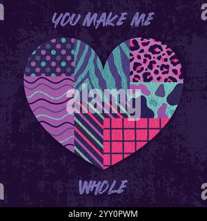 Cuore fatto di motivi diversi in colori neon brillanti. Cuore fatto di toppe con vari ornamenti stampa leopardo e zebra, punti, linee ondulate. Vettore Illustrazione Vettoriale