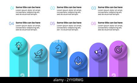 Modello infografico con icone e 6 opzioni o passaggi. Palle. Può essere utilizzato per layout del flusso di lavoro, diagrammi, banner, webdesign. Illustrazione vettoriale Illustrazione Vettoriale