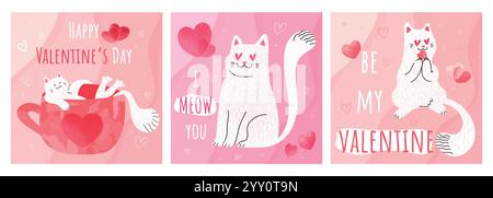 Set di biglietti d'auguri di San Valentino con carino gatto bianco disegnato a mano. Gatto carino in amore, gatto disteso in una tazza, mordere il cuore. Modello vettoriale, copertina, invit Illustrazione Vettoriale