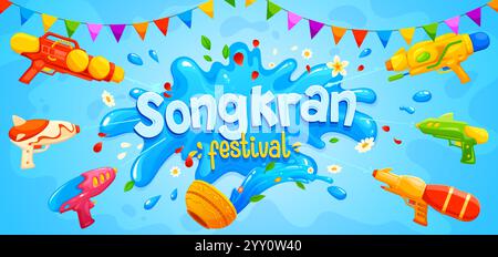 Banner del festival Tailandia di Songkran con pistole ad acqua colorate e ghirlande di bandiere festose per celebrare il tradizionale Capodanno Tailandese. Il poster vettoriale dei cartoni animati cattura lo spirito giocoso della celebrazione Illustrazione Vettoriale
