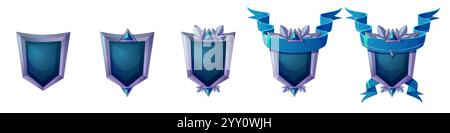 Design dell'interfaccia utente decorativo di livello fantasy con pietre preziose, cornice argentata con motivi floreali ed elementi a nastro. Fasi di avanzamento di Illustrazione Vettoriale