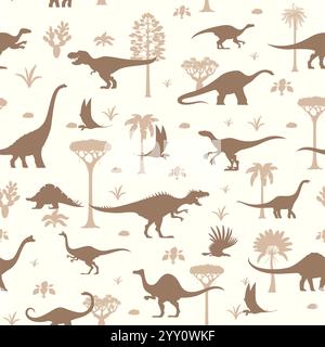 Animali di dinosauro preistorici e rettili senza cuciture. Sfondo vettoriale di dinos giurassici, alberi e piante boschive preistoriche. Tyrannosaurus, velociraptor e sagome di dinosauro dimorphodon Illustrazione Vettoriale