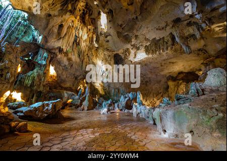 una grotta con stalagmiti e stalattiti. La grotta è grande e scura e le pareti sono coperte da una varietà di formazioni rocciose diverse. Lo stalagmi Foto Stock