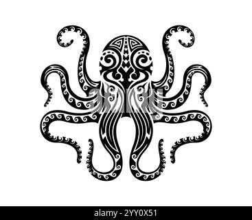 Polpo tribale Maori, tatuaggio di animali oceanici. Cultura hawaiana ornamento vettoriale della vita oceanica. Simbolo del tatuaggio degli animali marini tribali maori della nuova Zelanda o della Polinesia. Stampa di polpi della natura marina della tribù samoana Illustrazione Vettoriale