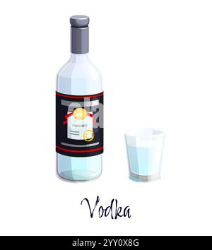 Bottiglia di vodka alcolica e bicchiere. Bevanda vettoriale isolata, beuta per bevande con menu bar con etichetta nera e dorata, accompagnata da un bicchiere di vodka contiene liquido limpido. Presentazione del prodotto alcolico Illustrazione Vettoriale