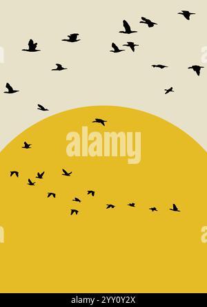 Uccelli che volano contro il sole. Sagoma del gregge di uccelli all'alba o al tramonto semplice poster illustrativo 2D. Arte minimalista vettoriale Illustrazione Vettoriale