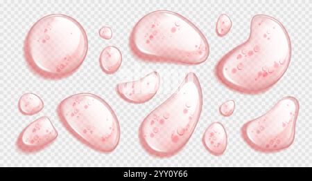 Goccioline di olio rosa trasparente in forme diverse con superficie scintillante e piccole bolle. Delicate formazioni liquide di siero idratante. Bellezza p Illustrazione Vettoriale