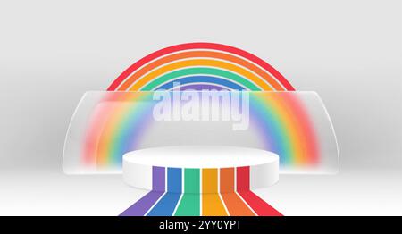 Podio circolare bianco decorato con strisce arcobaleno che portano a un vivace sfondo ad arco con una forma decorativa in vetro. Piattaforma a tema orgoglio con arcobaleno Illustrazione Vettoriale