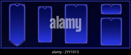 Cornici decorative al neon di diverse forme con luce blu brillante su sfondo scuro. Layout di striscioni rettangolari con sottili linee geometriche deco per g. Illustrazione Vettoriale