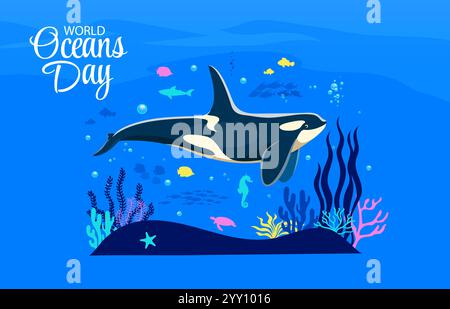 Banner World Ocean Day con il personaggio delle balene assassine sullo sfondo vettoriale del paesaggio sottomarino. Cartoni animati divertenti di orca o cartoni animati del mondo delle balene assassino dell'oceano con sagome di pesci, tartarughe e cavallucci marini Illustrazione Vettoriale