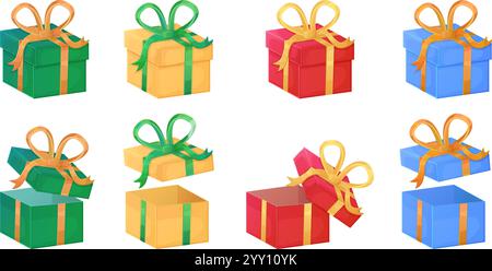 Set di colorate confezioni regalo di Natale in verde, giallo, rosso e blu con nastri e fiocchi. Scatole regalo aperte e chiuse Illustrazione Vettoriale
