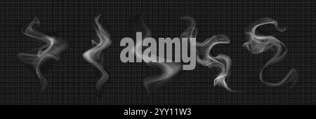 Caffè caldo, tè o effetto fumo alimentare. Vettore di vapore per tazze. Nebbia trasparente realistica da bere per tazza. Raccolta Smoky Air Flow Swirl png. Fumi clou Illustrazione Vettoriale