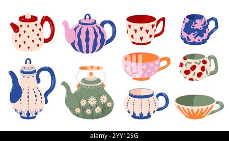 Teiere e tazze vintage in stile piatto. Piatti da cucina in ceramica con design a cuore, fiori e ciliegie. Perfetto per l'arredamento della cucina, per la festa del tè, per Illustrazione Vettoriale
