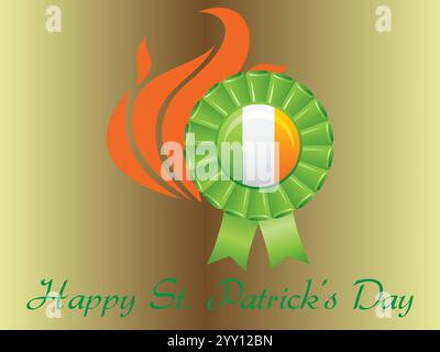 Distintivo verde e arancione con un nastro verde e le parole Happy St. Patrick Day. L'immagine è di un fuoco con un nastro verde. Shamrock, giorno di San Patrizio Illustrazione Vettoriale