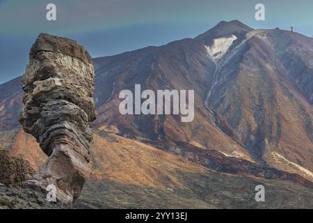 Panorama all'alba sul Roque Chinchado, conosciuto anche come l'albero di pietra o il dito di Dio, punto di riferimento dell'isola, Los Roques de Garcia, dietro di esso Foto Stock